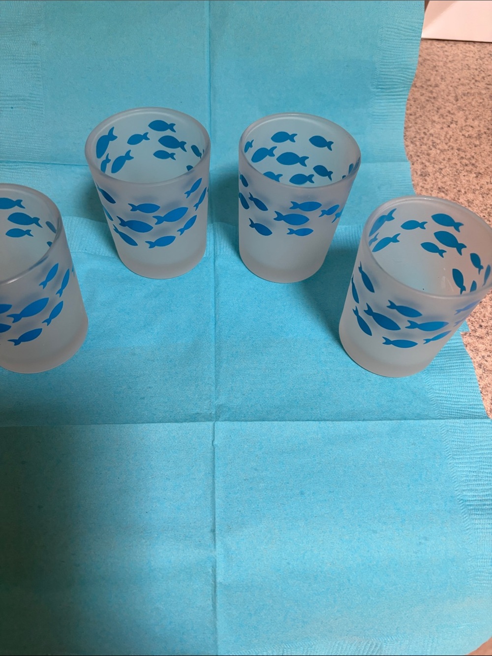Frosted Glass Candle Holders with Blue Fish Pattern